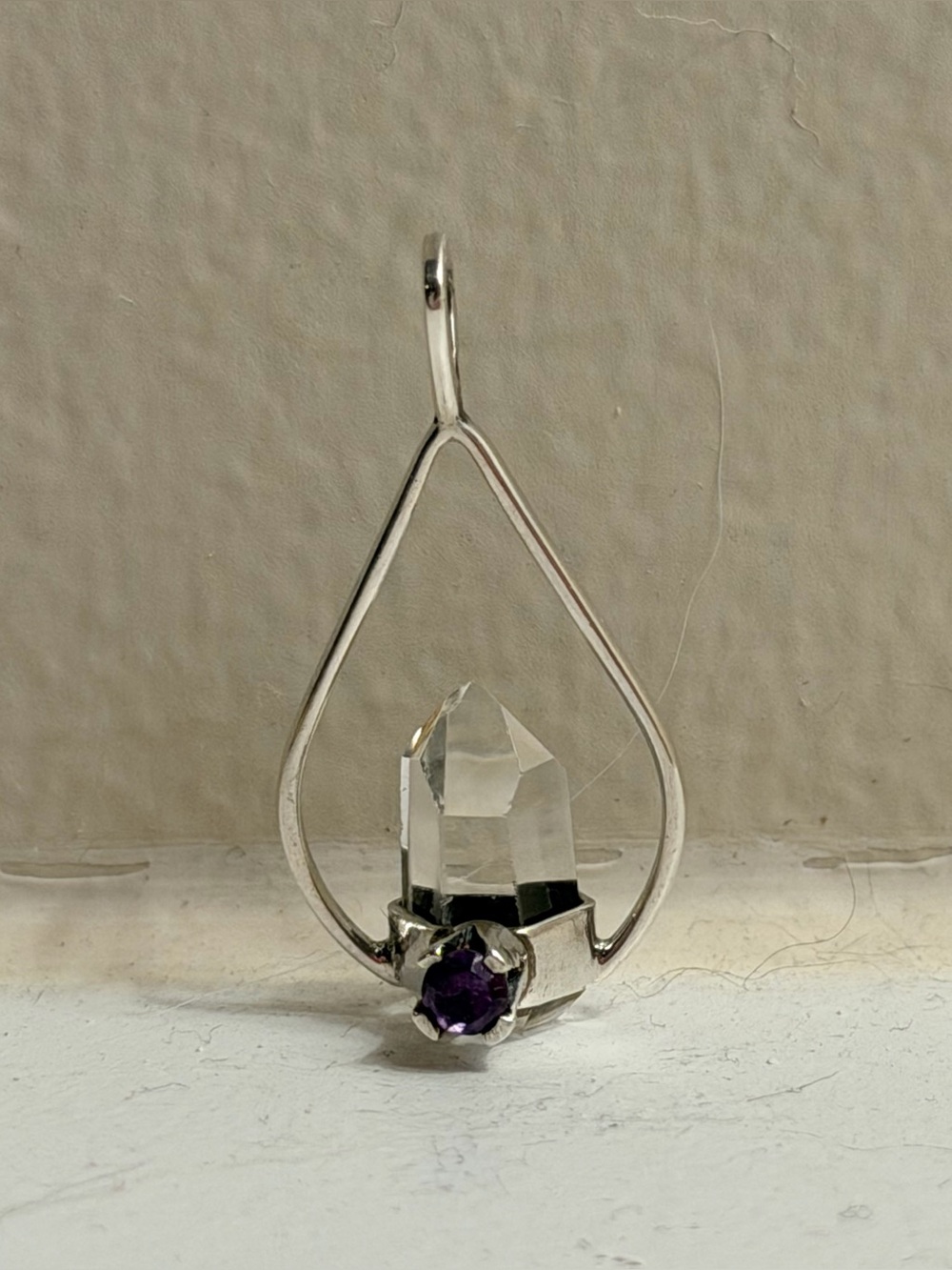 Silver Teardrop Pendant with Clear Crystal and Purple Accent